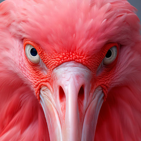 vibrantly colored american flamingo poses proudly, its expressive face captured in a surreal photo that showcases its vibrant plumage and graceful posture. ai generatedの素材