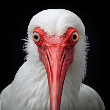vibrantly colored american white ibis stares directly into the lens with a captivating close-up face, showcasing the surreal beauty of this elegant bird in a stunning photograph. ai generatedの素材
