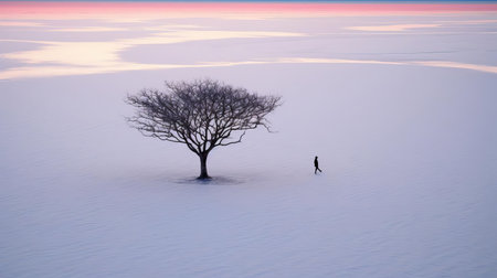 a solitary mangrove stands defiant against the pristine white of the snowfield, bathed in the soft glow of the morning sun. backlit by the camera, its branches stretch towards the sky, creating a breathtaking silhouette. captured using the af400mm/f5.6 lens and handheld technique, this image captures the unique contrast of nature's resilience amidst the snowy landscape. ai generatedの素材