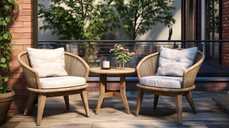 a hyper-realistic photo showcasing a stylish patio furniture 2 pack dining chair in sleek sl wicker, capturing the essence of beijing east village. detailed textures and natural materials are captured in meticulous detail, with careful consideration given to lighting and composition for an exceptional photographic outcome. ai generatedの素材