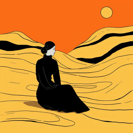 a captivating illustration of a woman standing amidst the towering dunes of a desolate landscape, rendered in the vibrant and expressive style of fauvism. ai generatedの素材