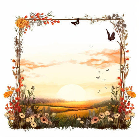 a captivating picture frame showcasing a meadow bathed in the warm glow of a vintage sunset. this vector graphic features a charming, retro design with intricate details, set against a pristine white background. ai generatedの素材