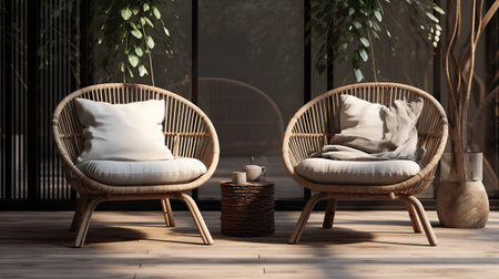 a captivating pair of sl wicker dining chairs grace the vibrant streets of beijing east village in this photorealistic artwork. rendered with meticulous attention to detail, the image captures the natural textures of woven wicker and the bustling urban landscape. enhanced with the subtle influence of caffenol development, the photo boasts exceptional clarity and a captivating visual impact. ai generatedの素材