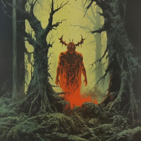 a chillingly eerie demon lurks amidst the decaying foliage of a haunted forest, straight out of a classic 70s paper comic book, reminiscent of the iconic style of renowned artist ken kelly. ai generatedの素材