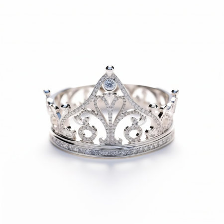 a dazzling diamond ring takes center stage, mimicking the regal elegance of a crown. this exquisite piece features a radiant center stone framed by delicate milgrain details, all set against a pristine white background. ai generatedの素材