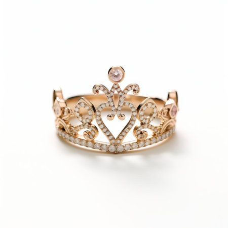 a dazzling diamond ring takes center stage, its design reminiscent of a regal crown. this stunning piece rests gracefully on a pristine white background, showcasing its brilliance and intricate details. ai generatedの素材
