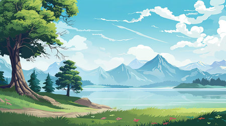 a serene grove unfolds in the foreground, its verdant foliage reaching towards towering mountains that pierce the distant horizon. a pristine lake reflects the surrounding beauty, adorned with graceful trees casting long shadows. ai generatedの素材