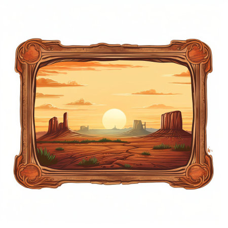 a captivating picture frame showcasing a majestic plateau bathed in the warm glow of a vintage sunset. this vector graphic features a charming, retro design with intricate details, set against a pristine white background. ai generatedの素材