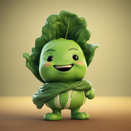 a cheerful bok choy cartoon character beams brightly, its vibrant green leaves forming a playful smile and rosy cheeks adding a touch of warmth to its face. ai generatedの素材