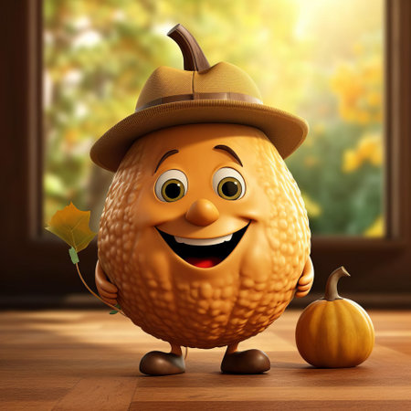 a cheerful cartoon acorn squash grins widely, its bright orange skin adorned with tiny black spots. its plump cheeks and wide, black eyes exude a warm and inviting aura. ai generatedの素材