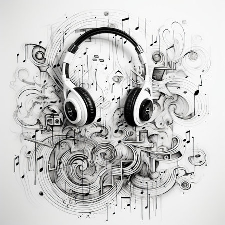 "discover abstract music transformed into visual art with this unique composition. pencil doodle lines swirl and intertwine on a solid white background, creating a textured masterpiece. perfect for those seeking a fresh, innovative take on musical expression." (55 words), ai generatedの素材