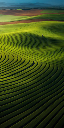 this captivating photo from national geographic showcases a vast agricultural field bathed in golden sunlight, captured using cutting-edge dji technology. the image captures the sprawling expanse of agricultural land, highlighting the importance of agriculture in modern society. ai generatedの素材