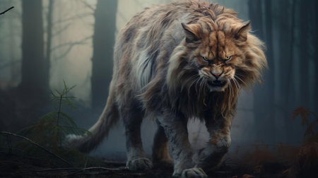 a majestic, sickly feline with a coat of thick fur stands tall amidst a foggy forest. its menacing sabertooth and unsettlingly ugly eyes dominate its striking features, while its long legs and giant size create an imposing presence. ai generatedの素材