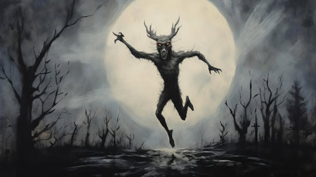a haunting depiction of a wendigo, its eerie silhouette illuminated by the ethereal glow of the moon, reminiscent of the works of renowned artist hugo simberg. ai generatedの素材