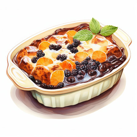 "delectable fruit cobbler with chocolate chunks, featuring a perfect blend of sweet and tart flavors. semi-realistic style with a clean, white background. a must-try for fruit and chocolate lovers alike.", ai generatedの素材