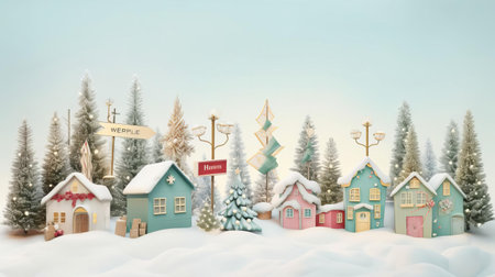 a christmas village adorned with delicate fir branch decorations, set against a serene turquoise backdrop. soft, muted color palette of light pink and light gold creates a minimalist and elegant aesthetic. ai generatedの素材