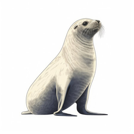 a sleek seal gazes to the right, its white tail extending gracefully in a straight line. the tail's tip features a bold black mark against the pristine white background. ai generatedの素材