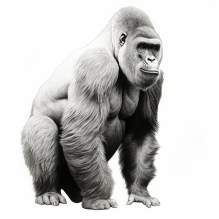 a striking line drawing of a gorilla, its gaze directed to the right. its tail extends gracefully to the right, its white tip contrasting against the pristine white background. ai generatedの素材