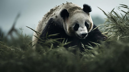 a majestic panda bear races across a tilled wisconsin field, its sleek fur reflecting the soft, golden hour light. this hyper-realistic photo captures every intricate detail of its coat, from the velvety texture to the absence of spots. the dramatic lighting and cinematic composition create an ethereal and captivating image. ai generatedの素材