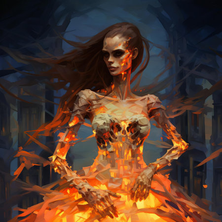 a mesmerizing skeletal figure bathed in the warm glow of a fire, capturing the essence of ariana grande's captivating style. the intricate details and thick texture evoke a sense of awe and artistry, inspired by the innovative spirit of cubism. ai generatedの素材