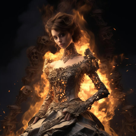 a mesmerizing baroque skeleton bathed in the glow of a fire, capturing the ethereal essence of selena gomez's captivating style. detailed brushstrokes and thick textures evoke a digital art-inspired aesthetic, reminiscent of the pop star's enigmatic presence. ai generatedの素材