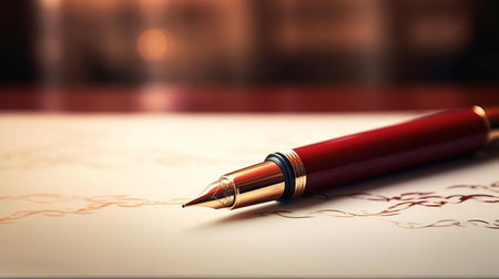 a sleek maroon pen rests effortlessly on a study table, its easy design and vibrant color creating a stylish statement. the natural lighting and maroon background enhance the pen's luxurious tone, capturing its elegant silhouette in high definition. ai generatedの素材