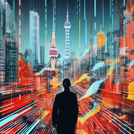 abstract photo merge showcasing a pivotal event in chinese history, utilizing vibrant colors and futuristic digital manipulation to create a visually captivating representation. ai generatedの素材