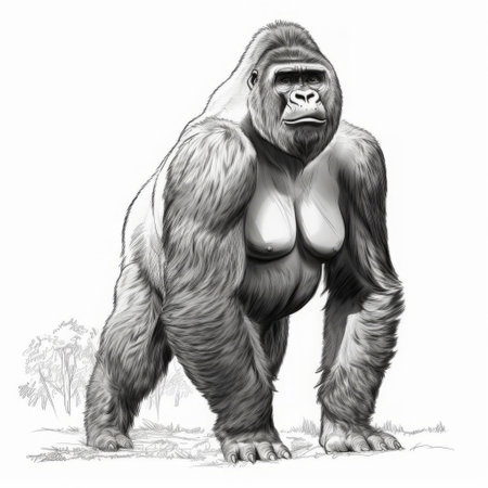 a striking line drawing of a curious gorilla, its gaze directed to the right. its white tail curls gracefully to the right, its black tip contrasting against the pristine white background. ai generatedの素材