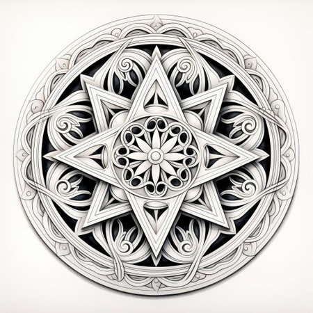 "pentagram mandala coloring page - a vibrant and symmetrical pentagram-inspired illustration, perfect for coloring. this image features a self-contained design with ample white space, simple patterns, and central symmetry. ideal for stress relief and mindfulness, this coloring page is signature-free, with no text, shading, or shadows. zoom in and let your creativity flow." (55 words), ai generatedの素材