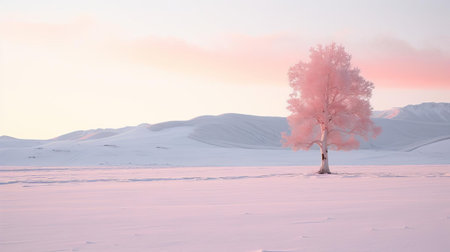 a solitary aspen tree stands defiant against the pristine white of the snowfield, bathed in the soft glow of early morning light. the backlit branches create a captivating silhouette, captured using the af400mm/f5.6 lens for sharp details. handheld photography captures the natural movement of the wind in the leaves. shot with a kodak eb100 camera. ai generatedの素材