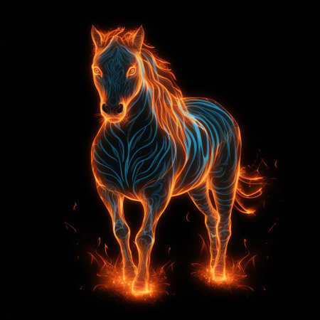 "vibrant orange outline of a glowing blue line on a black background, resembling harry potter patronus. a shiny zebra with an angry expression is featured, with only orange color used. no color transitions present." (55 words)

keywords used:

* orange outline
* glowing blue line
* black background
* harry potter patronus
* shiny zebra
* angry expression
* no color transitions, ai generatedの素材