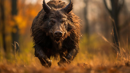 a majestic boar sprints through a tilled wisconsin field, its sleek, dark fur reflecting the golden hour glow. captured in stunning detail with a 70mm lens, this photo boasts hyper-realistic, volumetric lighting and intricate shadows, showcasing the incredible detail of this majestic creature in breathtaking clarity. ai generatedの素材