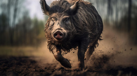 a majestic boar charges through a tilled field in wisconsin, its 8-point antlers slicing through the air. captured in stunning detail with high-end photography, this image boasts hyper-realistic details, vibrant colors, and cinematic lighting for an unforgettable visual experience. ai generatedの素材