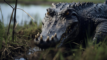 a majestic caiman strides confidently through a tilled wisconsin field, its sleek, dark fur reflecting the golden hour glow. captured in stunning detail with a 70mm lens, this photo boasts hyper-realistic details, cinematic lighting, and vibrant colors for an unforgettable visual experience. ai generatedの素材