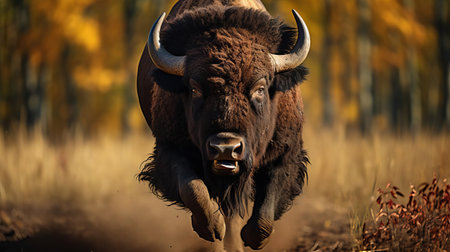 a majestic buffalo strides confidently through a tilled wisconsin field, its sleek, dark fur reflecting the golden hour glow. captured in stunning detail with a 70mm lens, this photo boasts hyper-realistic details, vibrant colors, and cinematic lighting for an ethereal and captivating image. ai generatedの素材