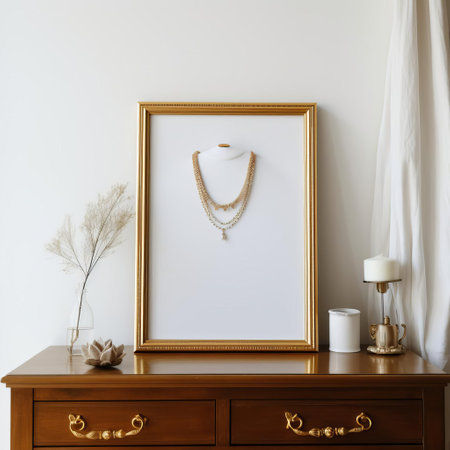 a stunning jewelry armoire stands proudly against a pristine white wall, adorned with a captivating portrait picture frame that hangs effortlessly on the blank wall. ai generatedの素材