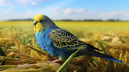 a majestic budgerigar with dark fur races through a tilled wisconsin field, its 8-point antlers casting a dramatic shadow. this hyper-realistic photo captures every intricate detail of its medium-sized body and vibrant surroundings, with stunning clarity and cinematic lighting. ai generatedの素材