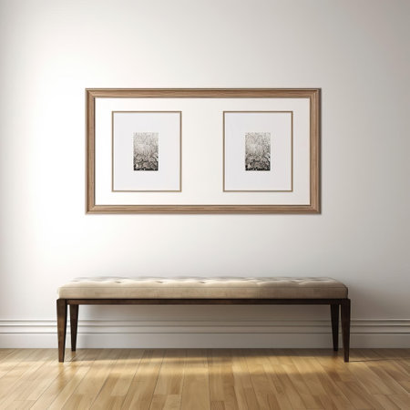 a stylish storage bench stands proudly against a pristine white wall, adorned with a captivating portrait photo frame that adds a touch of personality to the space. ai generatedの素材