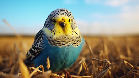 a majestic budgerigar with dark fur races across a tilled wisconsin field, its 8-point antlers reflecting the soft glow of golden hour. this hyper-realistic photo captures every intricate detail of its elegant body and vibrant surroundings, with stunning clarity and cinematic lighting. ai generatedの素材