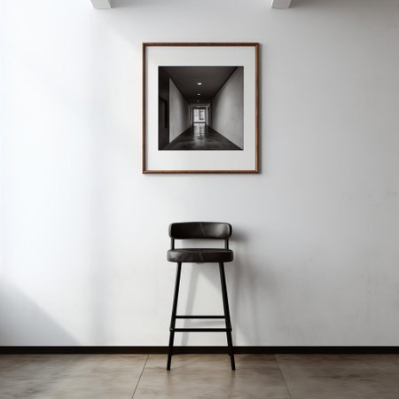 a stylish bar stool photo frame hangs proudly on a pristine white wall, showcasing its unique design against the minimalist backdrop of an empty room. ai generatedの素材