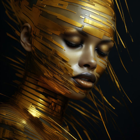 abstract photo featuring alternating stripes of gold, capturing an extreme facial expression with layers of robin and rough textures. delicate light mist adds a touch of ethereal beauty to this captivating artwork. ai generatedの素材