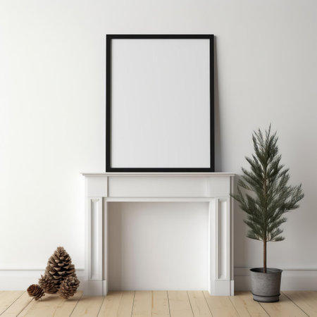 a stunning fireplace mantel adorned with a captivating portrait picture frame, gracefully hanging on a pristine white wall, creating a minimalist and elegant focal point in any room. ai generatedの素材