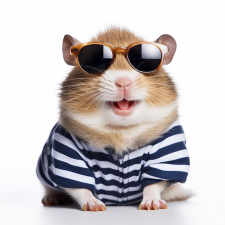 a cheerful hamster gleefully poses in a vibrant blue and white striped sweater, accessorized with stylish sunglasses, against a pristine white background. ai generatedの素材