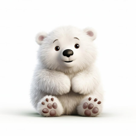 this adorable bear cub stands proudly on its tiptoes, showcasing its fluffy white coat and playful expression against a pristine white background. captured in a wide-angle lens, this photo captures the playful spirit and gentle nature of these lovable creatures. ai generatedの素材