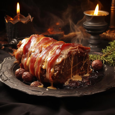 a decadent photo showcasing a bacon pastry dessert bathed in earthy tones, inspired by the enigmatic style of harry styles. the photo exudes elegance and features a juicy steak, all rendered in a haunting gothic aesthetic. ai generatedの素材