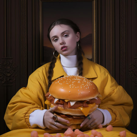 a mouthwatering hamburger nestled amidst a swirling pastry dessert, captured in the ethereal style of billie eilish's neoclassicism. this photo exudes a sense of deep tranquility and elegance, where the neutral tones create a harmonious balance between the hearty meal and the sweet treat. ai generatedの素材