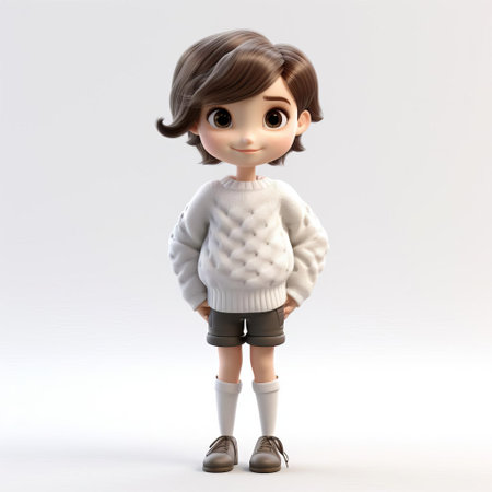 a vibrant 3d cartoon of lily, featuring short, tousled hair and a cozy sweater, stands tall against a pristine white background. her cheerful expression and playful pose make this a delightful illustration perfect for online profiles or social media. ai generatedの素材