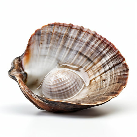 a stunning close-up photo showcasing a clam in its full glory, captured in hyper-realistic detail. this high-resolution image features a clam in a farm labor posture, with intricate features and vibrant colors. the pristine white background enhances the natural beauty of this marine creature. ai generatedの素材