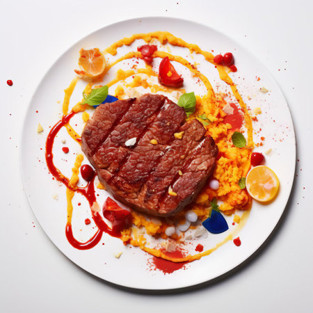 a mouthwatering steak, captured in the vibrant and playful style of ed sheeran's pointillism. vibrant colors dance across the plate, highlighting the juicy steak and a delectable pastry dessert. each brushstroke bursts with energy, capturing the spicy and tangy notes of a delicious chili alongside the rich flavors of the meat. ai generatedの素材