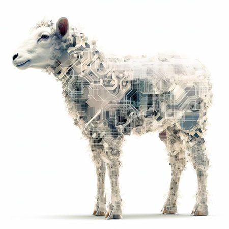a majestic sheep stands alone, captured in the ethereal beauty of algorithmic art. its sleek wool and gentle gaze are highlighted against the pristine white background, creating a captivating and minimalist composition. ai generatedの素材